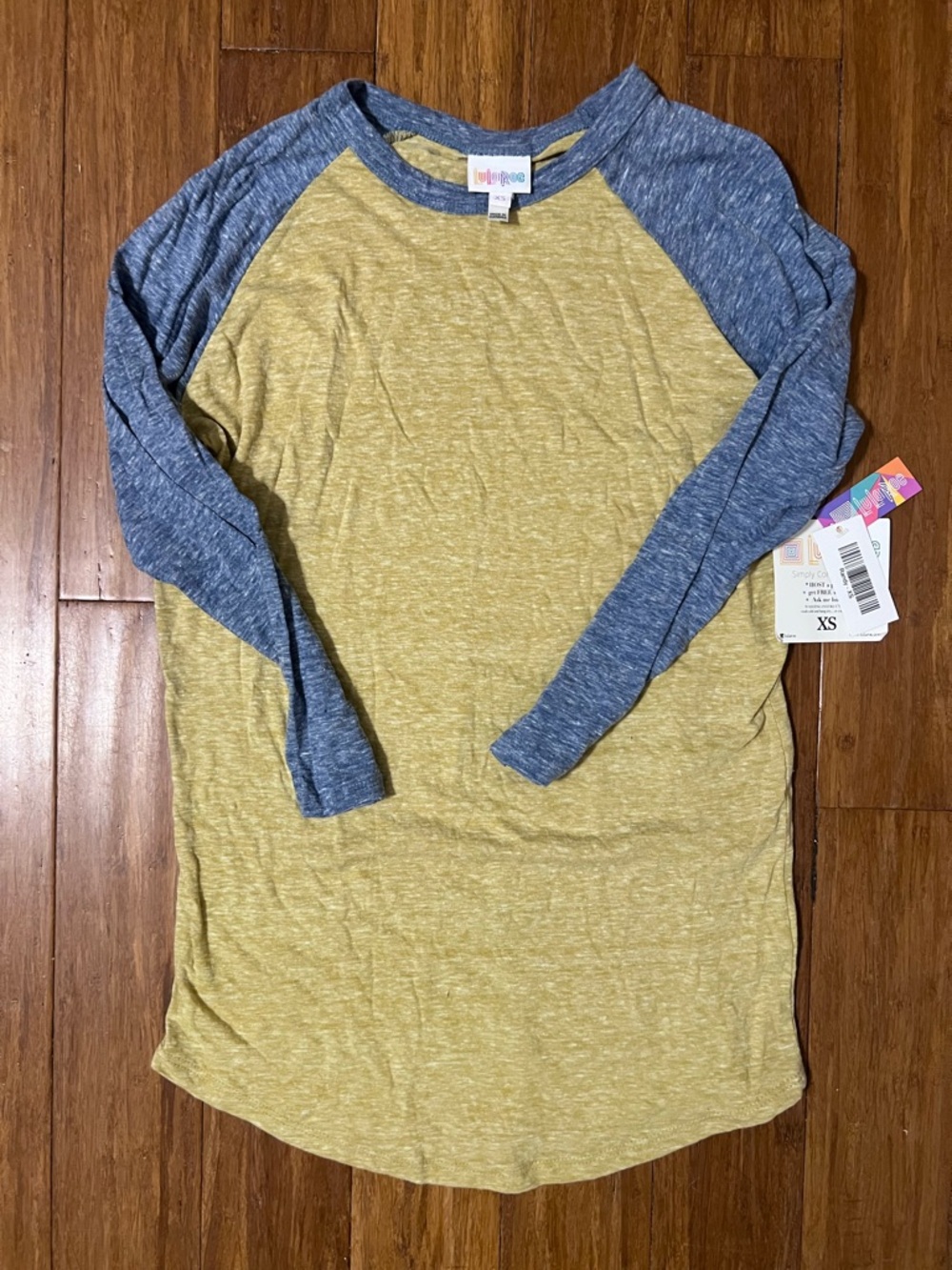 LuLaRoe Randy Heathered Yellow Raglan with Blue Trim